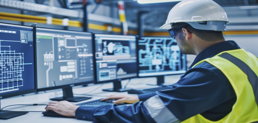 Homem analisando alguns controladores industriais