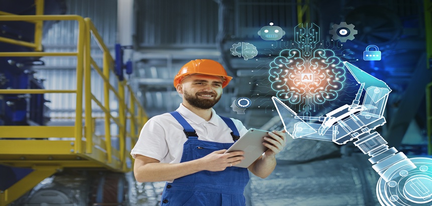 Homem trabalhando com ajuda da IA industrial