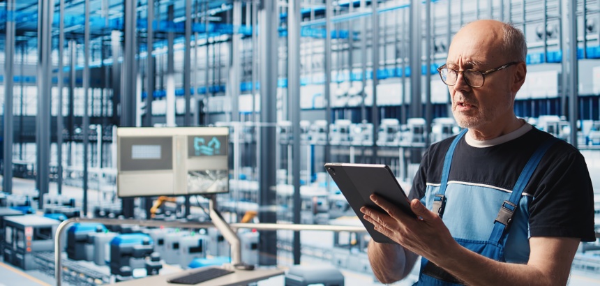 Técnico utilizando tablet para monitorar sistemas e equipamentos em ambiente de automação industrial.