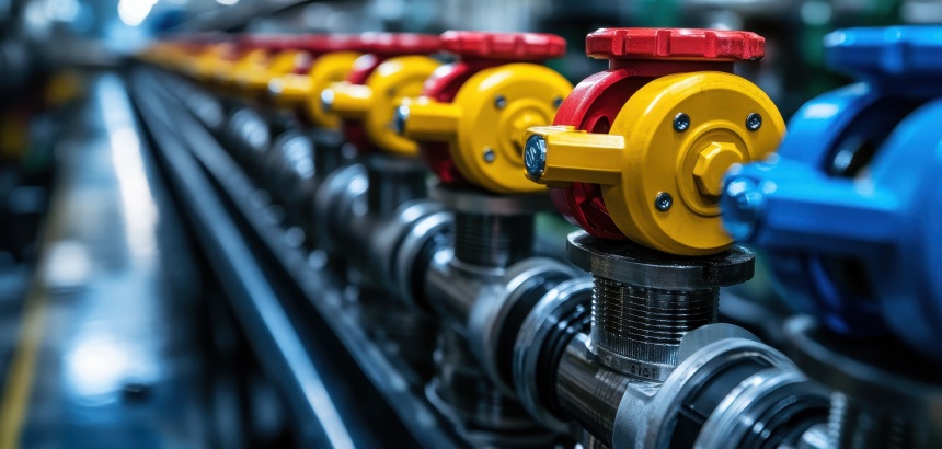 Conjunto de válvulas industriais coloridas instaladas em linha de tubulação em ambiente de fábrica.